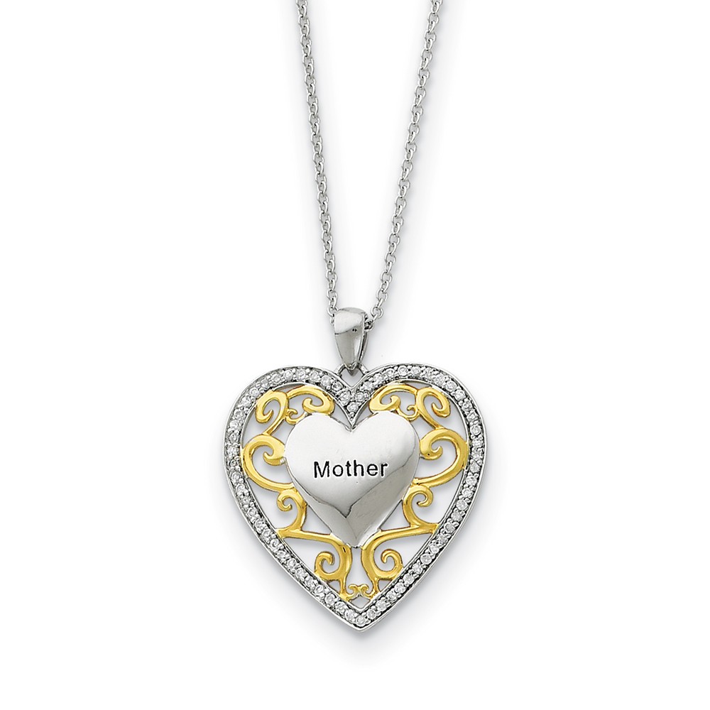 Rhodium &amp; Gold Tone Plated Silver &amp; CZ Mother Heart Necklace, 18 Inch