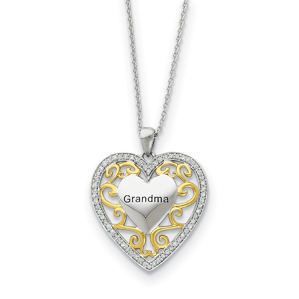 Rhodium &amp; Gold Tone Plated Silver &amp; CZ Grandma Heart Necklace, 18 Inch