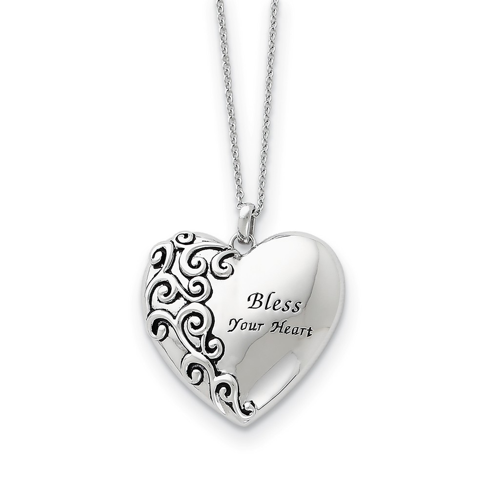 Rhodium Plated Sterling Silver Bless Your Heart Necklace, 18 Inch