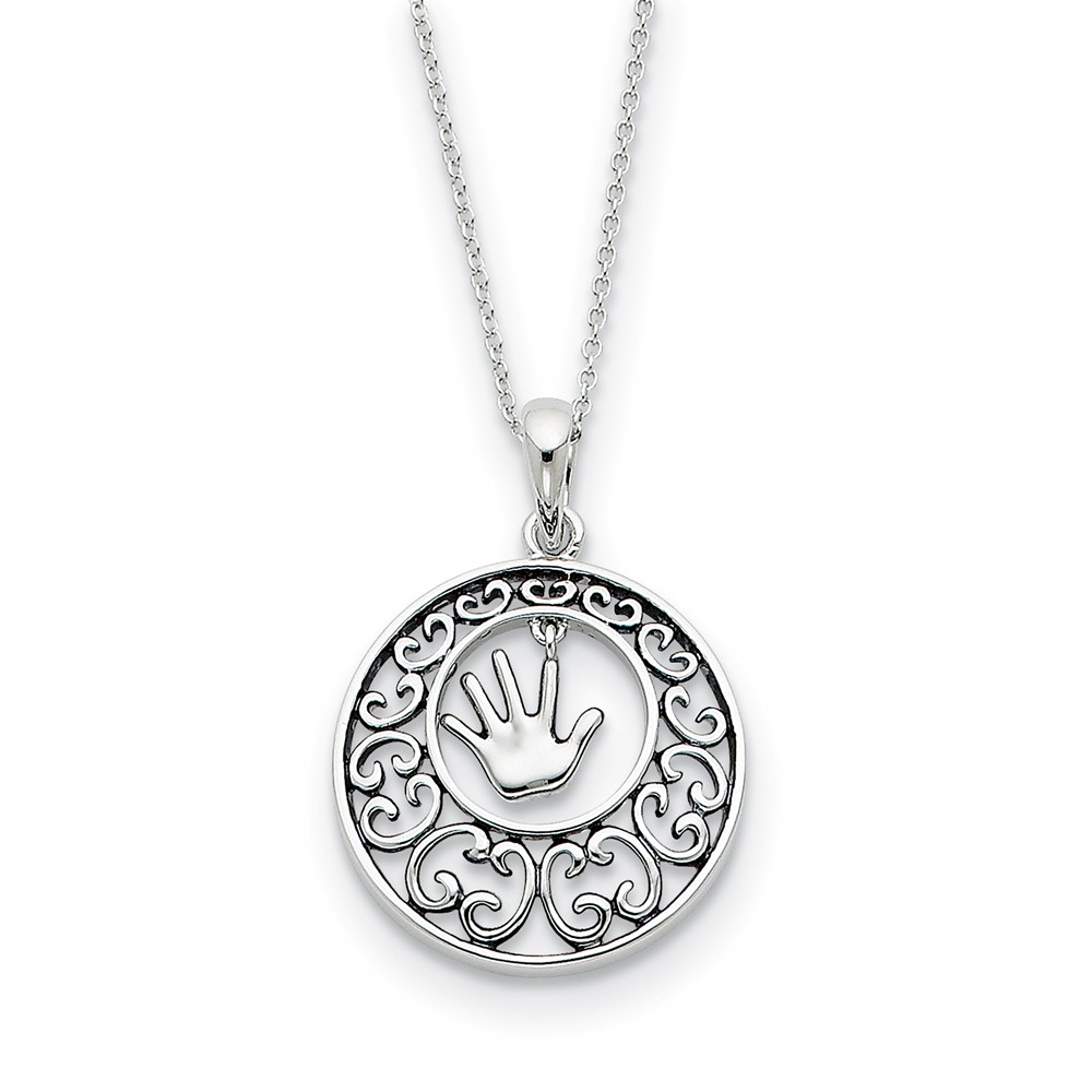 Rhodium Plated Sterling Silver Children, Handprint Necklace