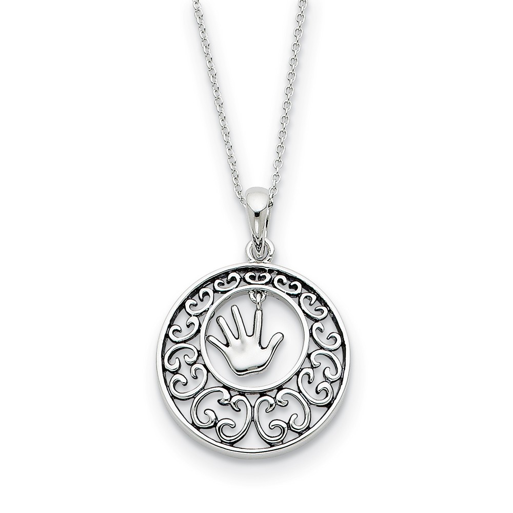 Rhodium Plated Sterling Silver Children, Handprint Necklace, 18 Inch