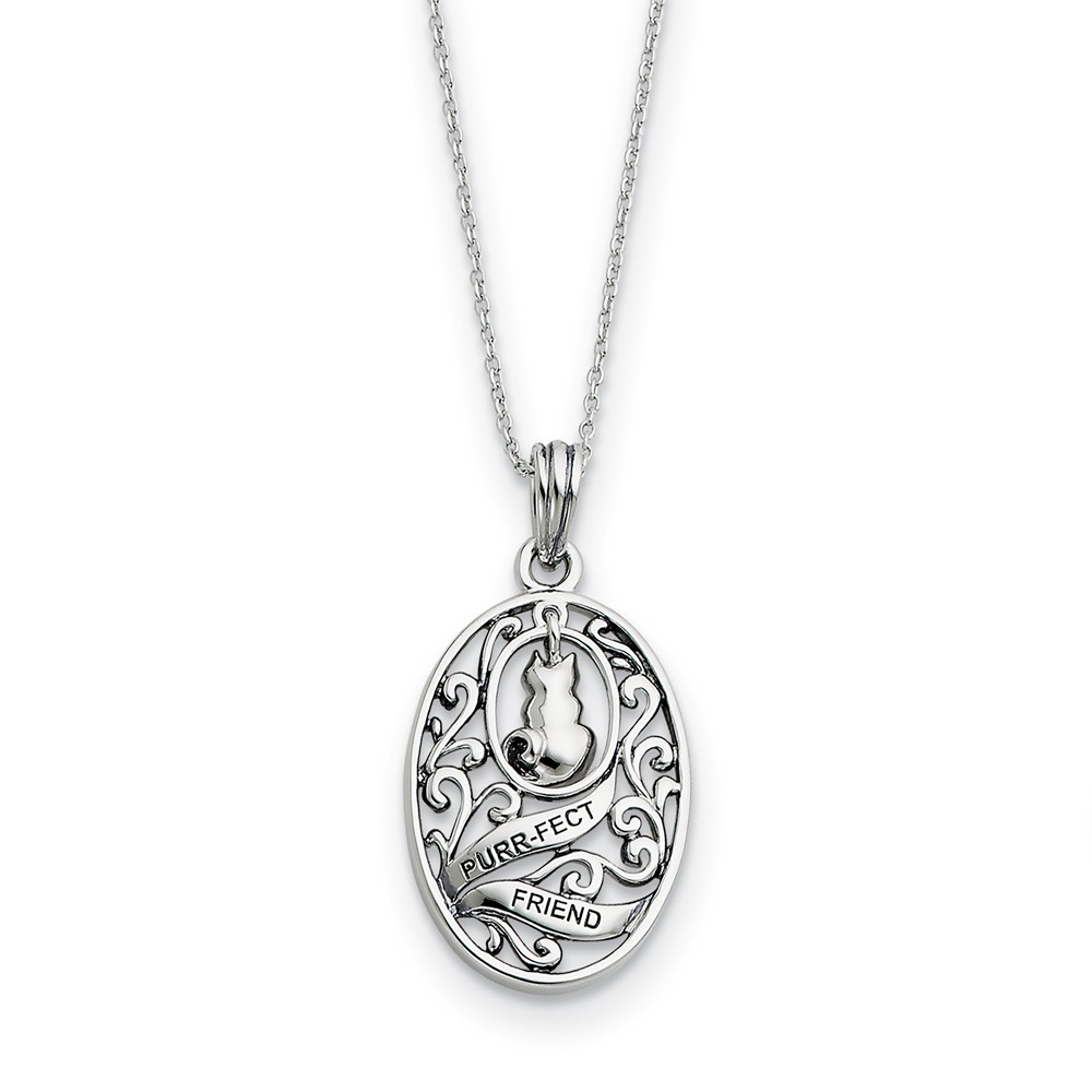 Rhodium Plated Sterling Silver Animal Friends, Oval Cat Necklace