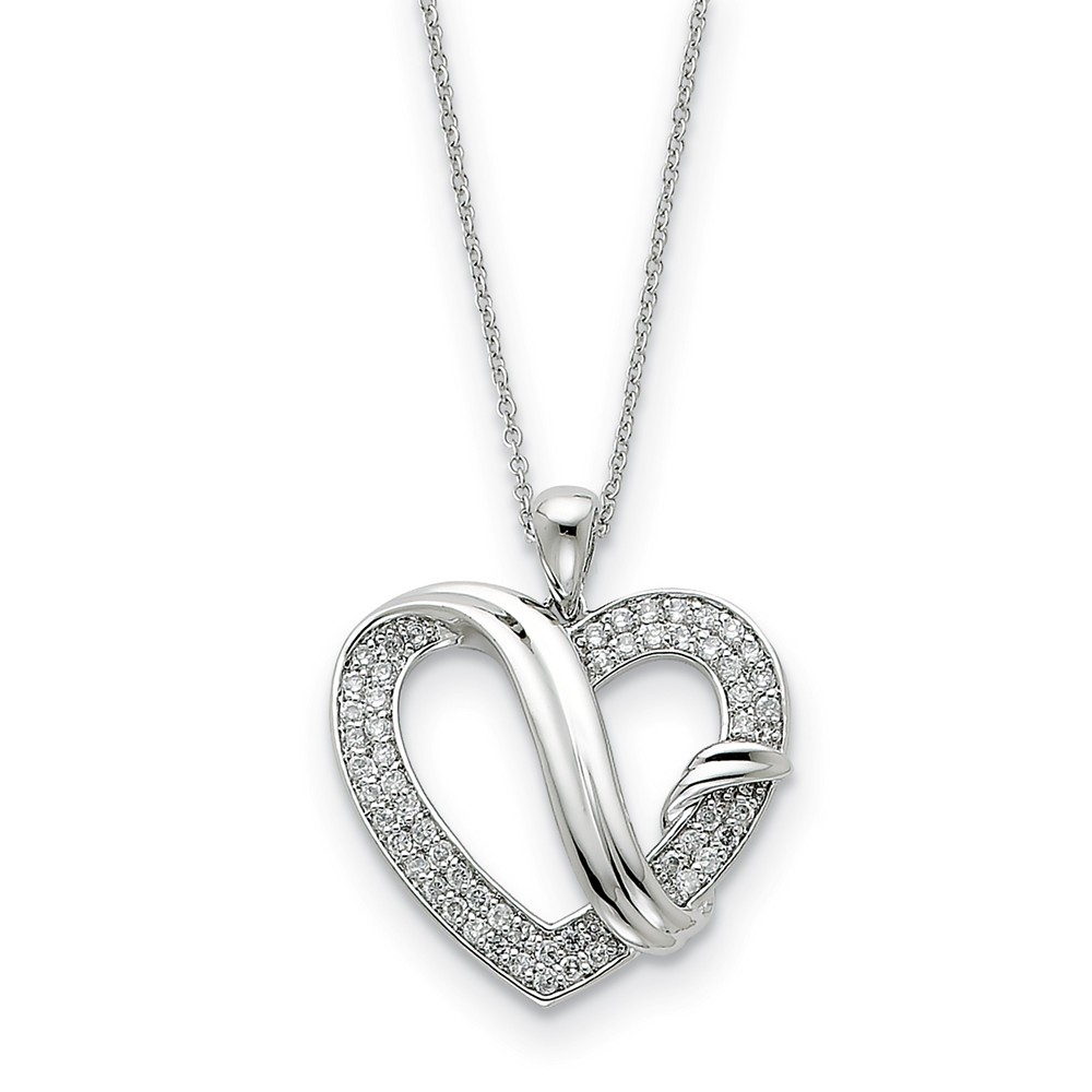 Rhodium Plated Sterling Silver & CZ, Forever Grateful Heart Necklace