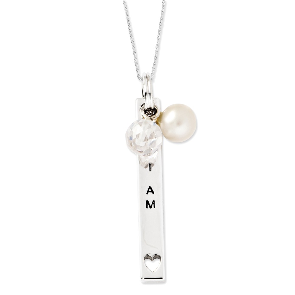 Sterling Silver, FWC Pearl & CZ I Am A Keeper Bar Necklace, 18 Inch