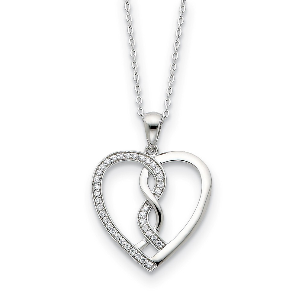 Rhodium Plated Sterling Silver & CZ Hearts Joined Together Necklace