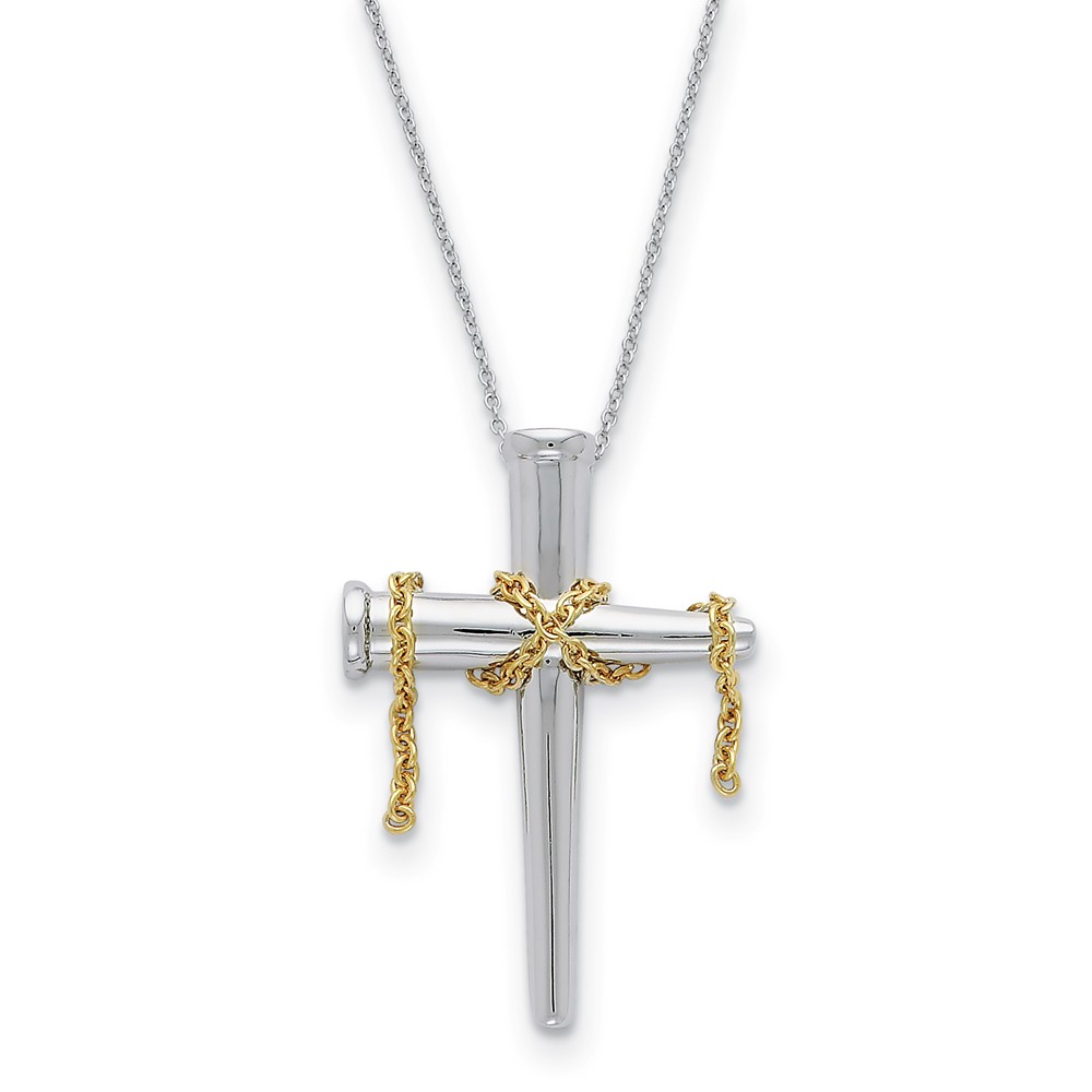 Rhodium &amp; Gold Tone Plated Sterling Silver Nail Cross Necklace, 18 In.