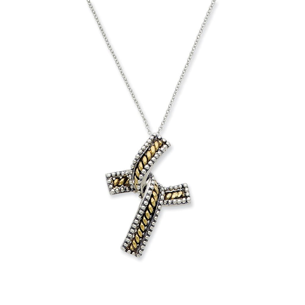 Rhodium & Gold Tone Plated Silver Completion Cross Necklace, 18 Inch