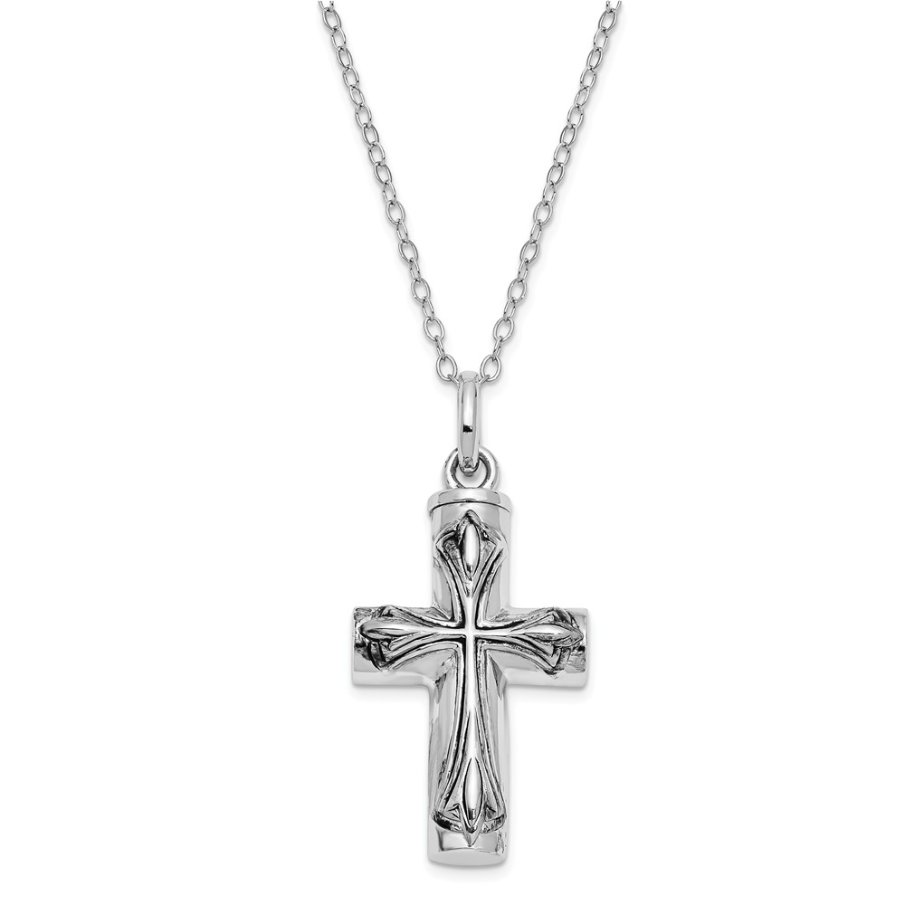 Rhodium Plated Sterling Silver Antiqued Cross Ash Holder Necklace