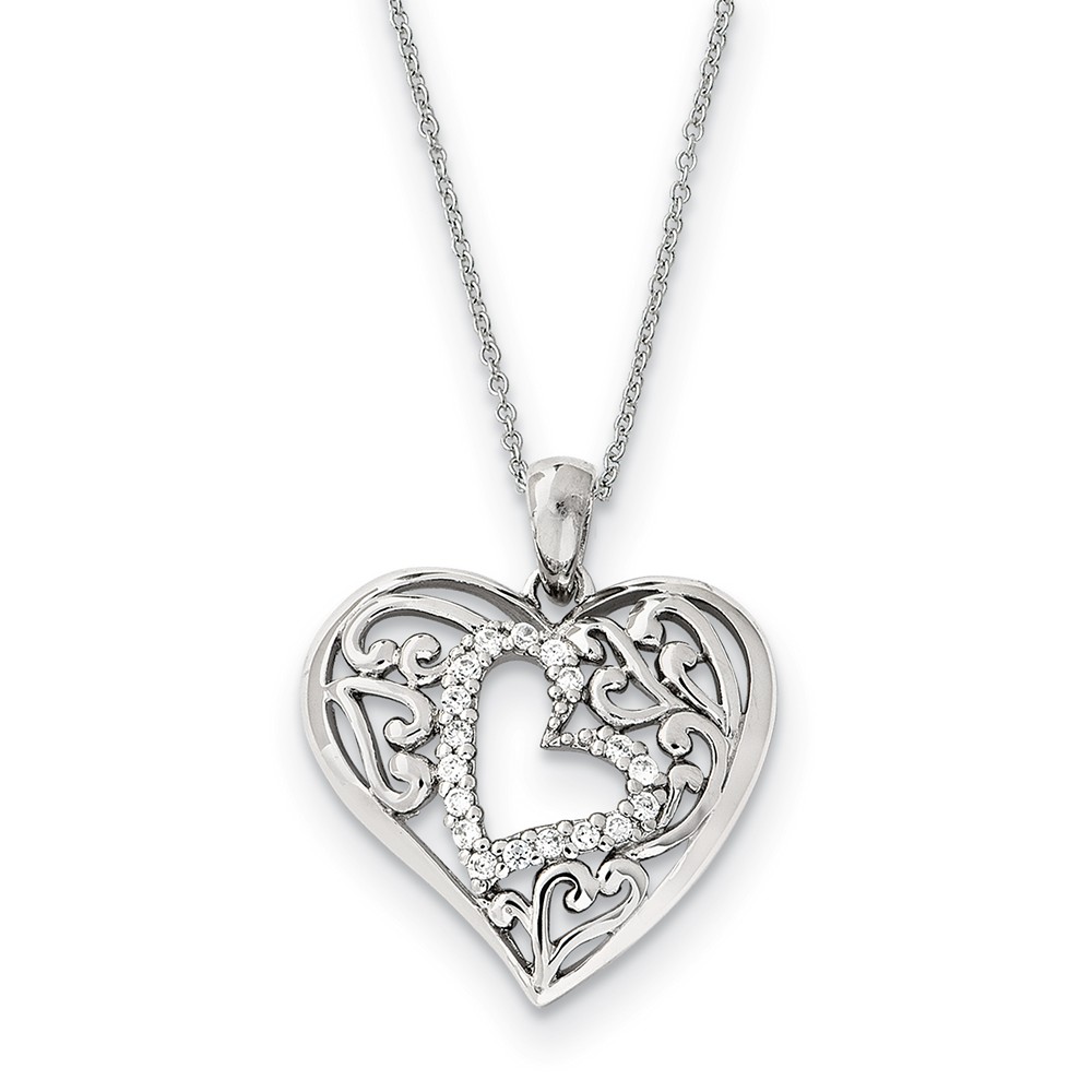 Rhodium Plated Sterling Silver & CZ Forever in My Heart Necklace, 18in