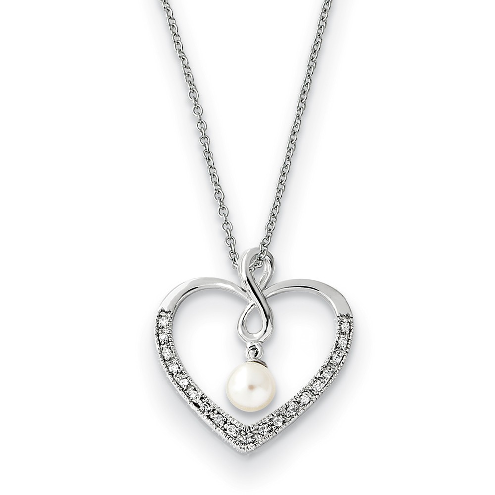 Sterling Silver, CZ & FW Cultured Pearl My Friend Heart Necklace