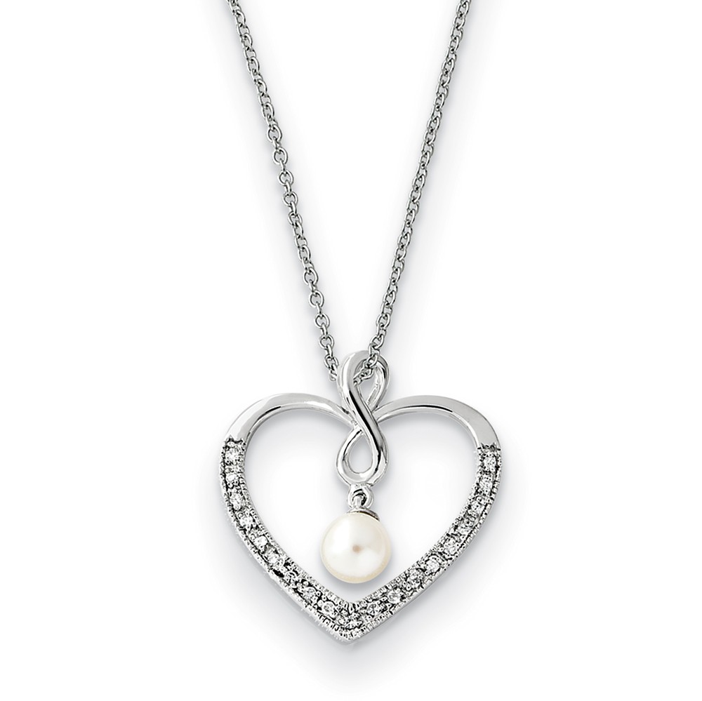 Sterling Silver, CZ &amp; FW Cultured Pearl My Friend Heart Necklace, 18in