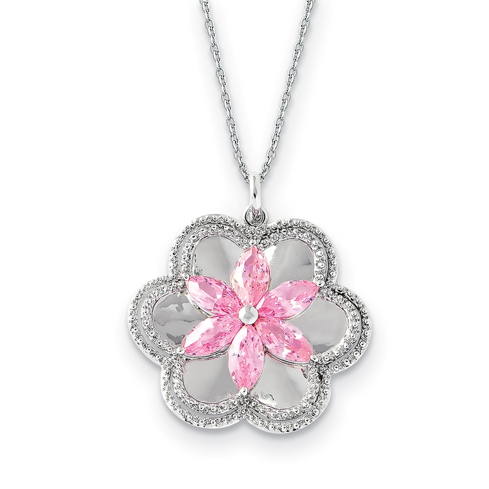 Rhodium Plated Sterling Silver &amp; CZ Pretty in Pink Flower Necklace