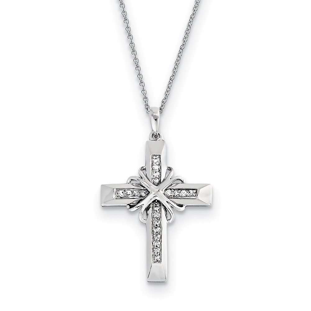 Rhodium Plated Sterling Silver & CZ Steadfast Love Cross Necklace, 18