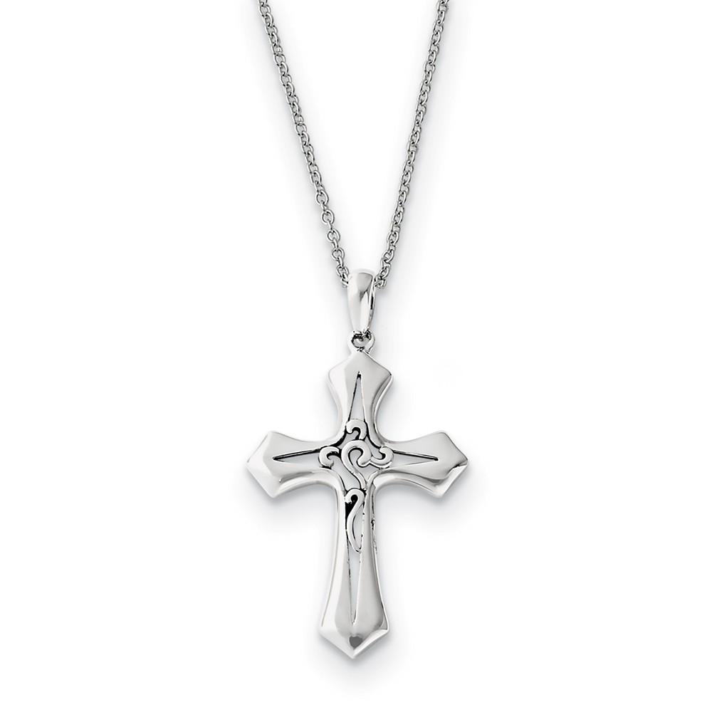 Rhodium Plated Sterling Silver Abide in Him Cross Necklace, 18 Inch