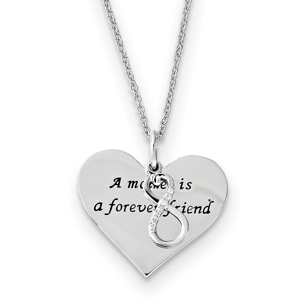 Sterling Silver &amp; CZ A Mother Is A Forever Friend Heart Necklace, 18in