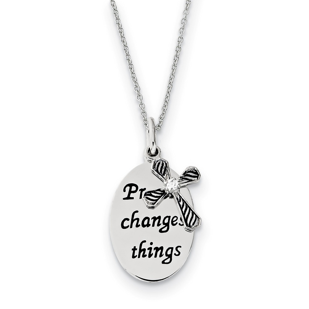 Rhodium Sterling Silver &amp; CZ Prayer Changes Things Cross Necklace