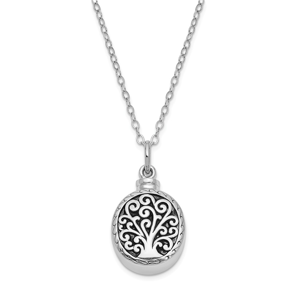 Rhodium Plated Sterling Silver Tree of Life Ash Holder Necklace, 18 In