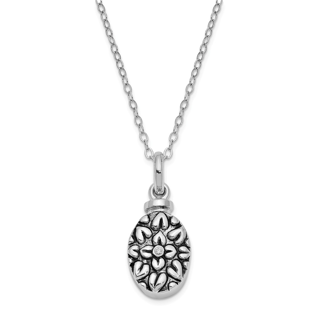 Rhodium Plated Sterling Silver &amp; CZ Flower Ash Holder Necklace, 18in