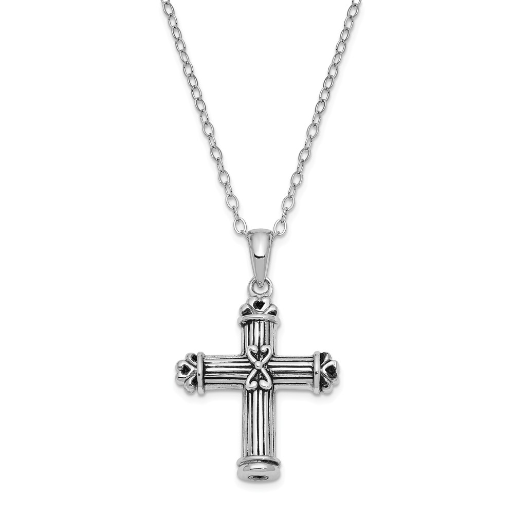 Rhodium Plated Sterling Silver Pillar Cross Ash Holder Necklace, 18in