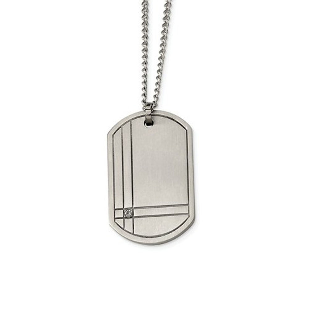 Titanium Grooved and Diamond Accent Dog Tag Necklace 22 Inch