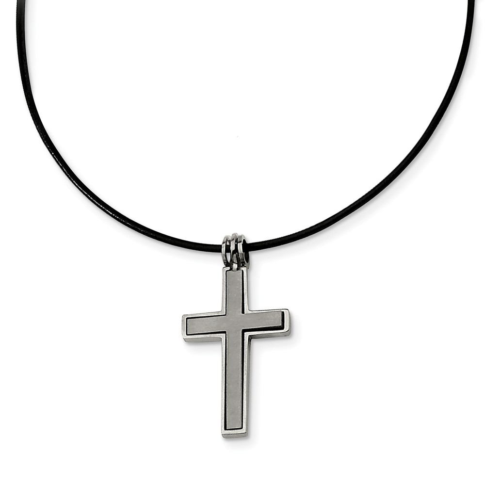 Titanium 2 Piece Cross and Black Leather Cord Necklace 18 Inch