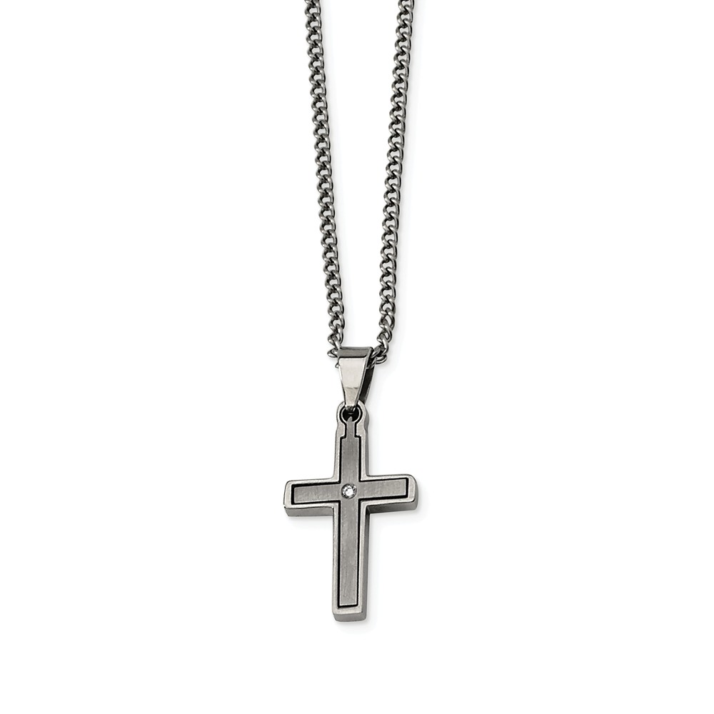 Titanium & .035 Ct (G-H, I1) Diamond Accent Dbl Cross Necklace