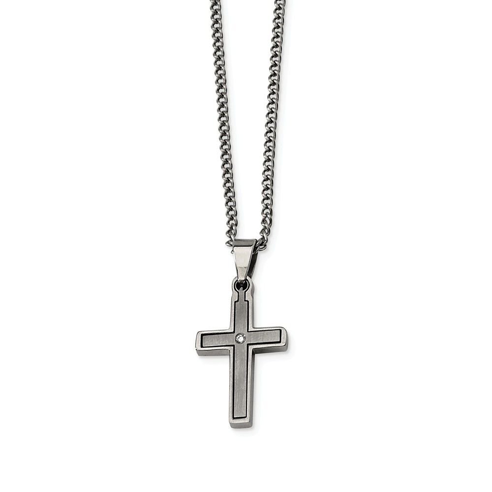 Titanium &amp; .035 Ct (G-I, I1) Diamond Accent Dbl Cross 22 Inch Necklace