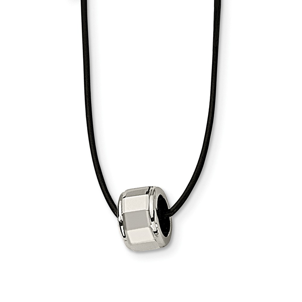 Brushed Tungsten Barrel and Black Leather Cord Necklace 18 Inch