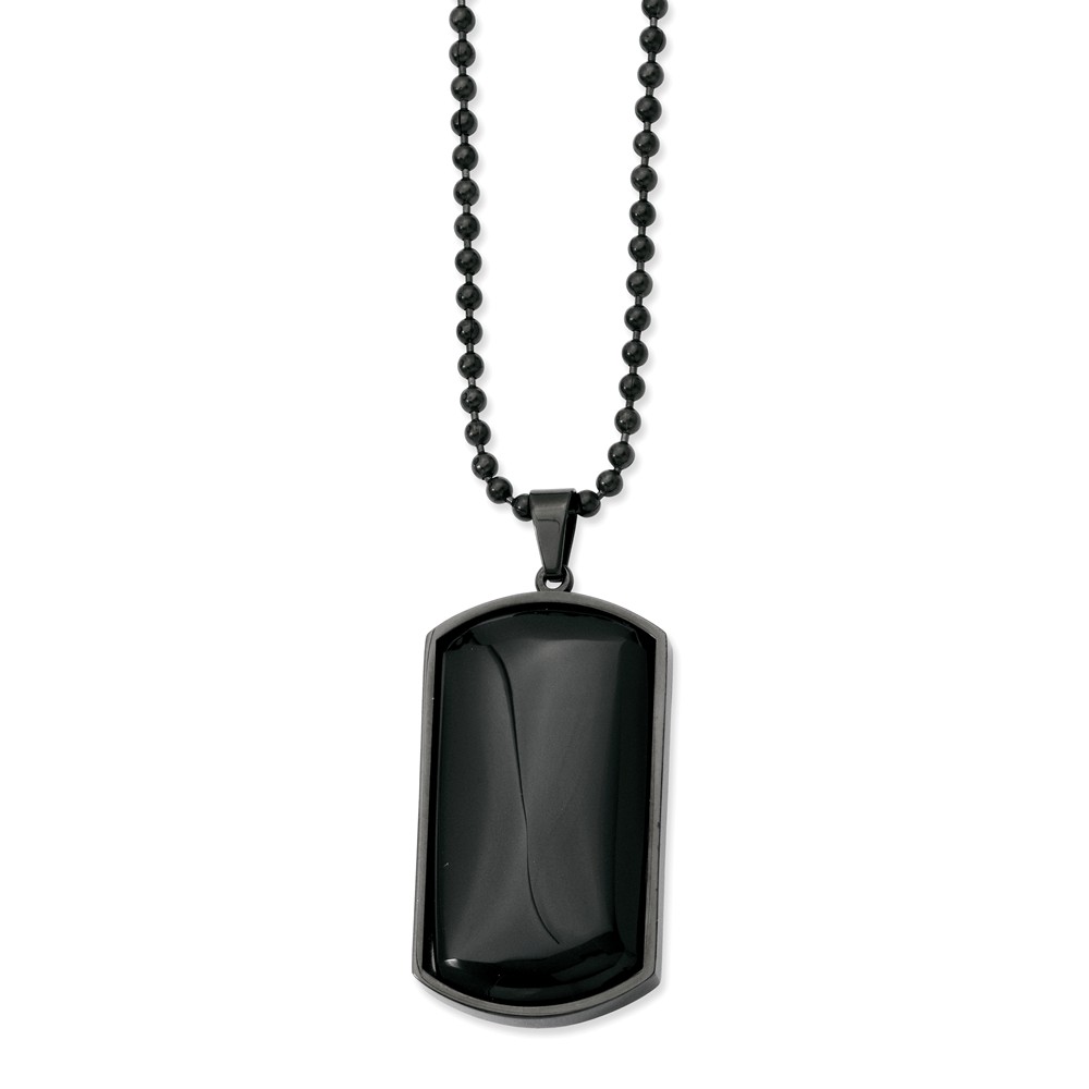 Black Plated Stainless Steel and Black Agate Dog Tag Necklace