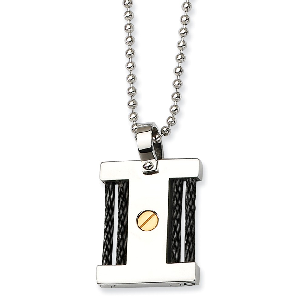 Mens Stainless Steel, Black &amp; Gold Tone Square Pendant Necklace 22 In.