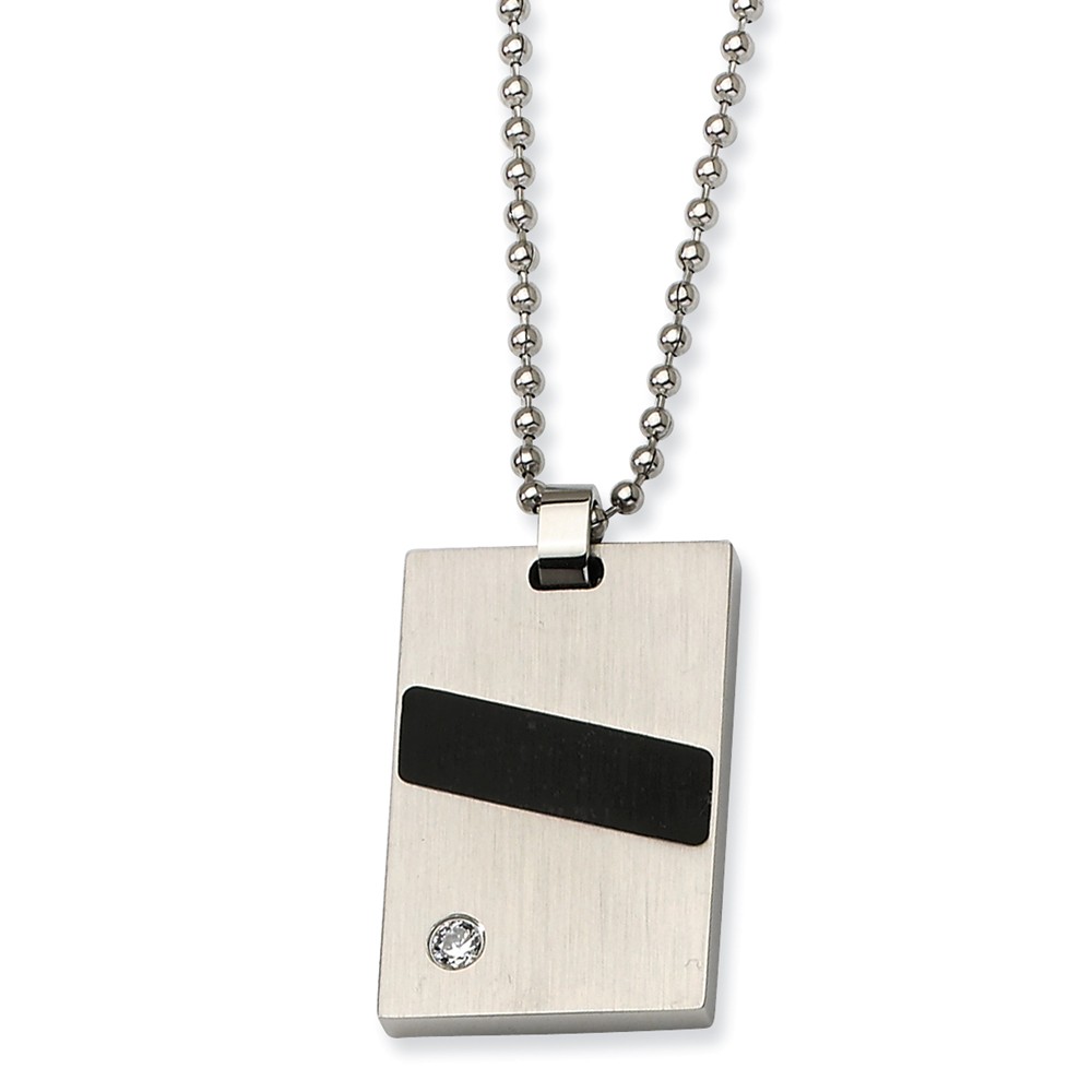 Mens Stainless Steel, Black Rubber and Cubic Zirconia Necklace