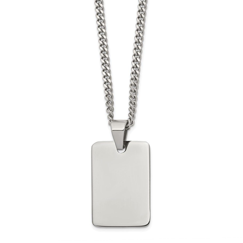 Polished Steel Engravable Dog Tag and Curb Chain Necklace - 24 Inch