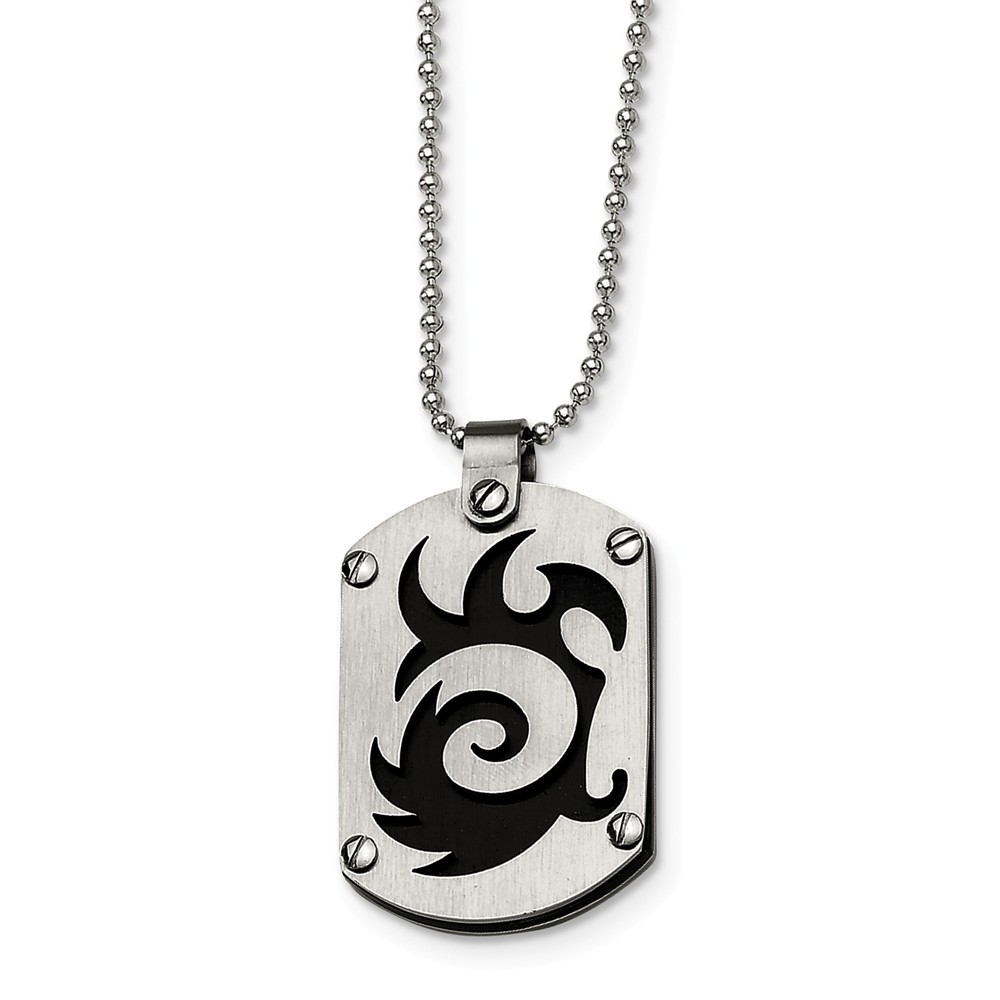 Stainless Steel Satin and Black-plated Dog Tag Necklace