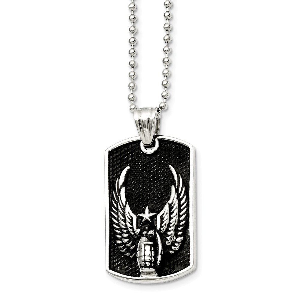 Stainless Steel Antiqued Wings Dog Tag Necklace