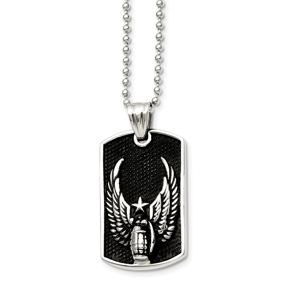 Stainless Steel Antiqued Wings Dog Tag Necklace 22 Inch