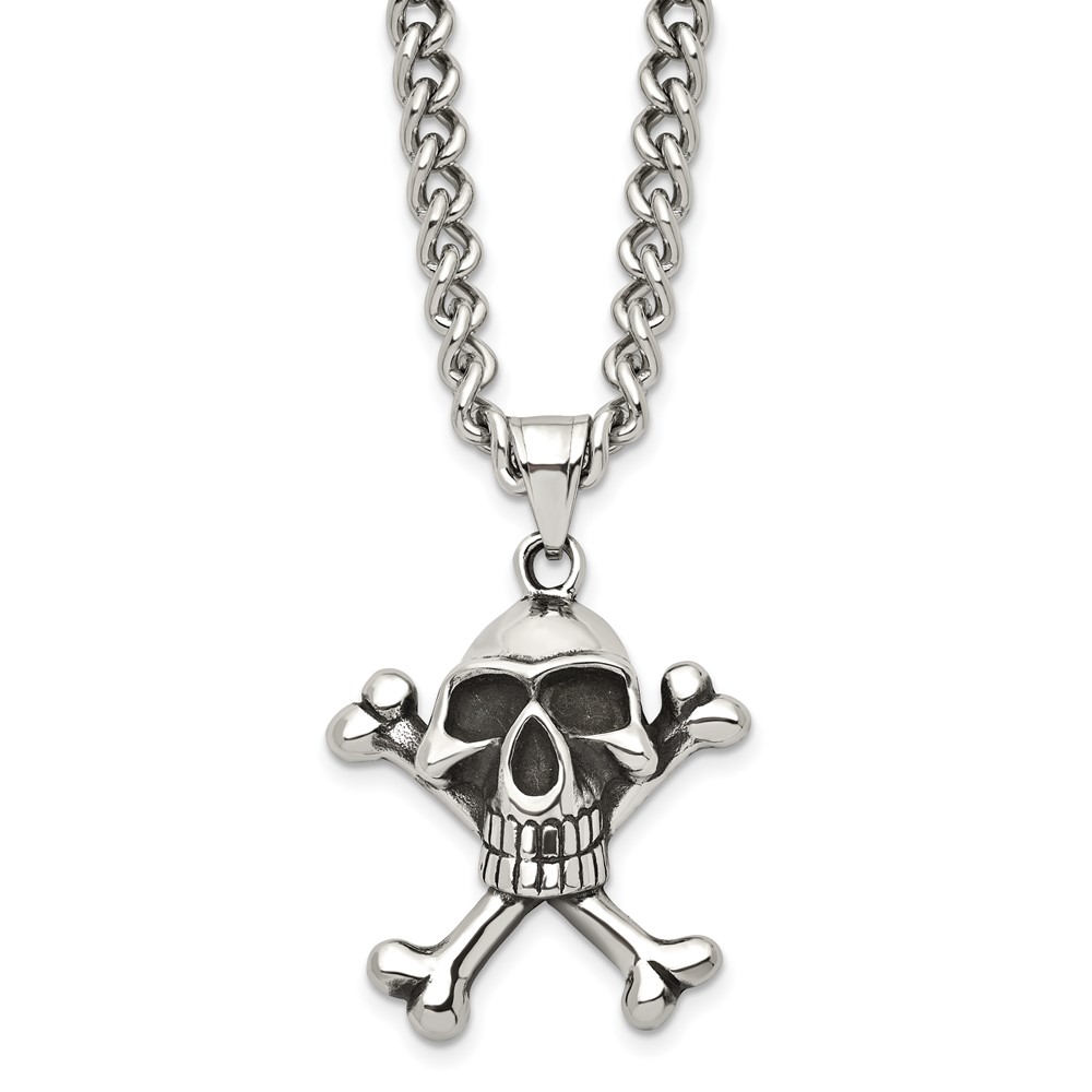 Stainless Steel Antiqued Skull and Crossbones Necklace 24 Inch