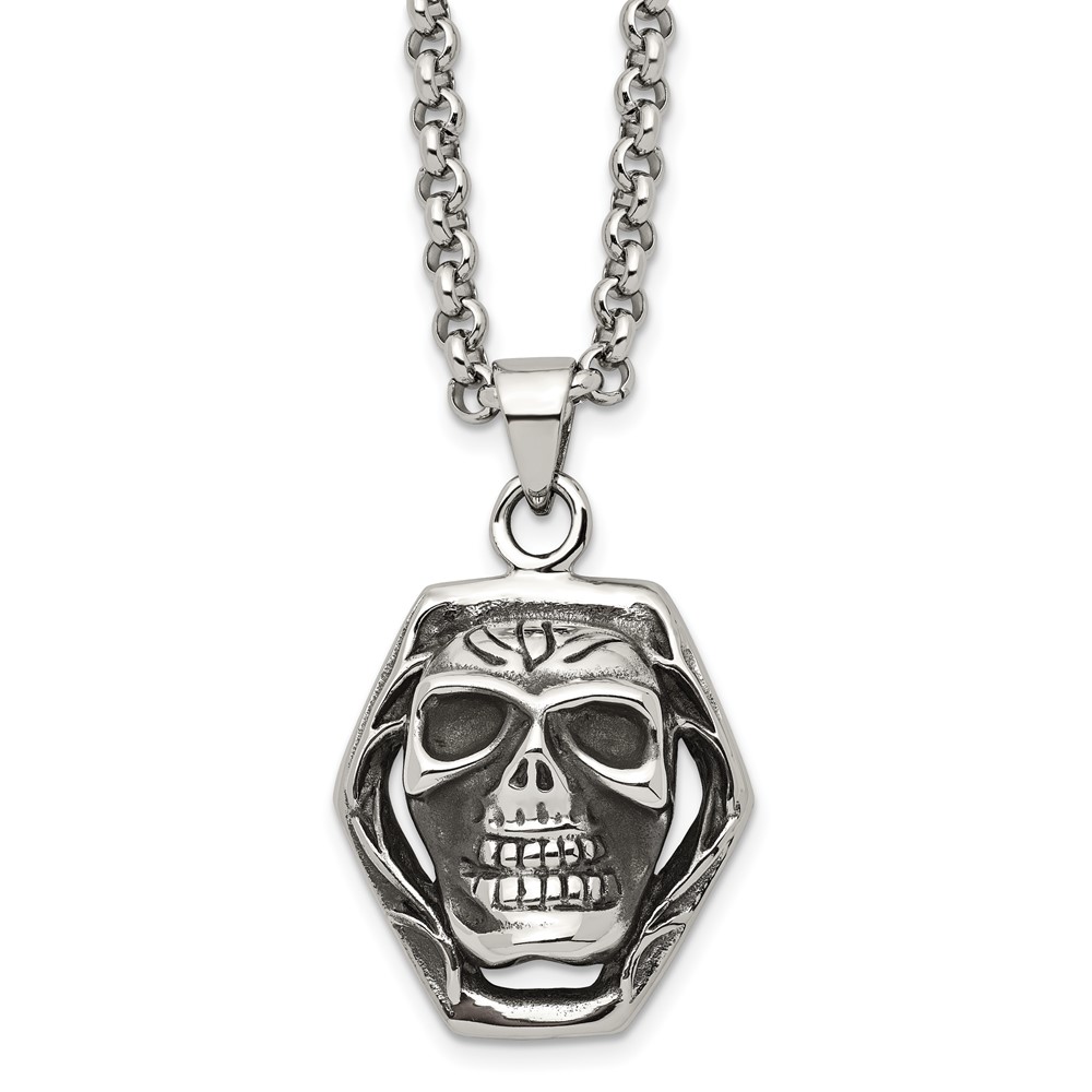 Stainless Steel Antiqued Skull Necklace