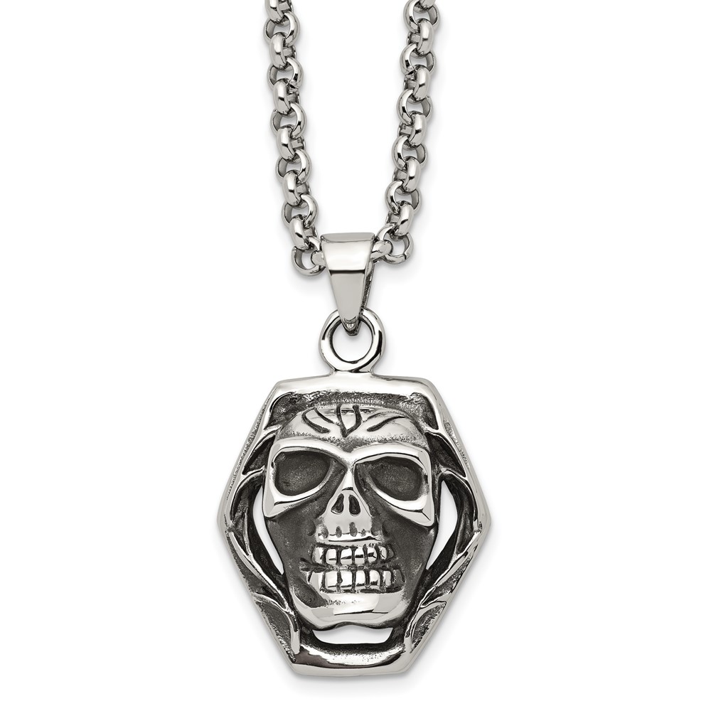 Stainless Steel Antiqued Skull Necklace 24 Inch