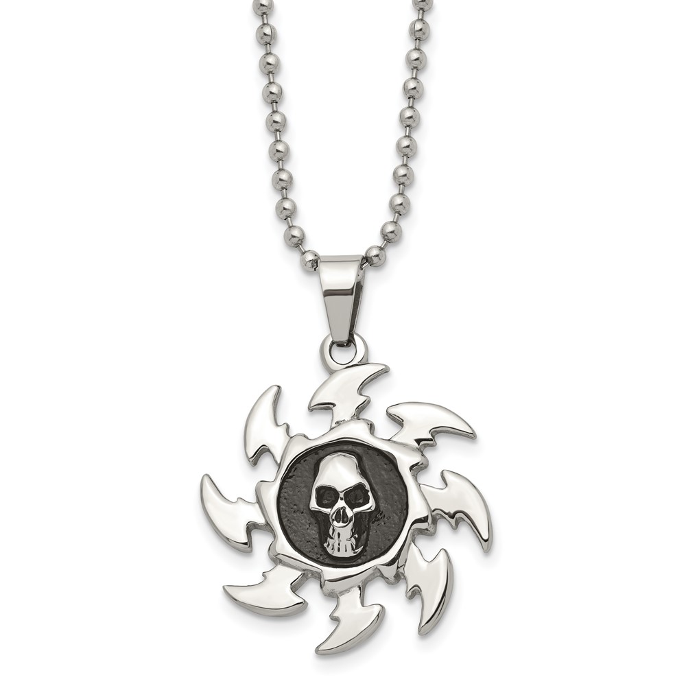 Stainless Steel Antiqued Saw Blade and Skull Necklace
