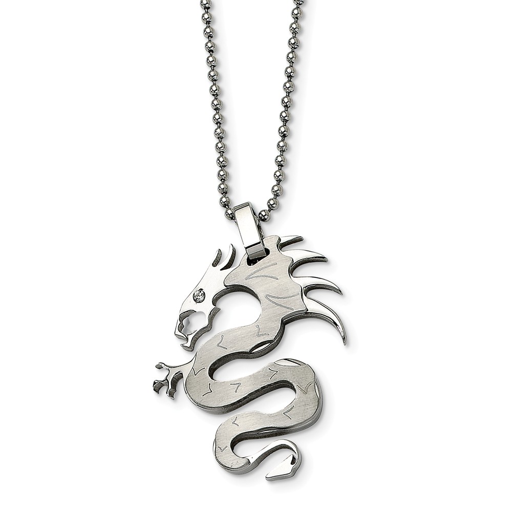 Stainless Steel Satin and Cubic Zirconia Dragon Necklace