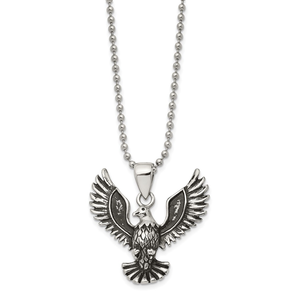 Stainless Steel Antiqued Eagle Pendant Necklace 22 Inch