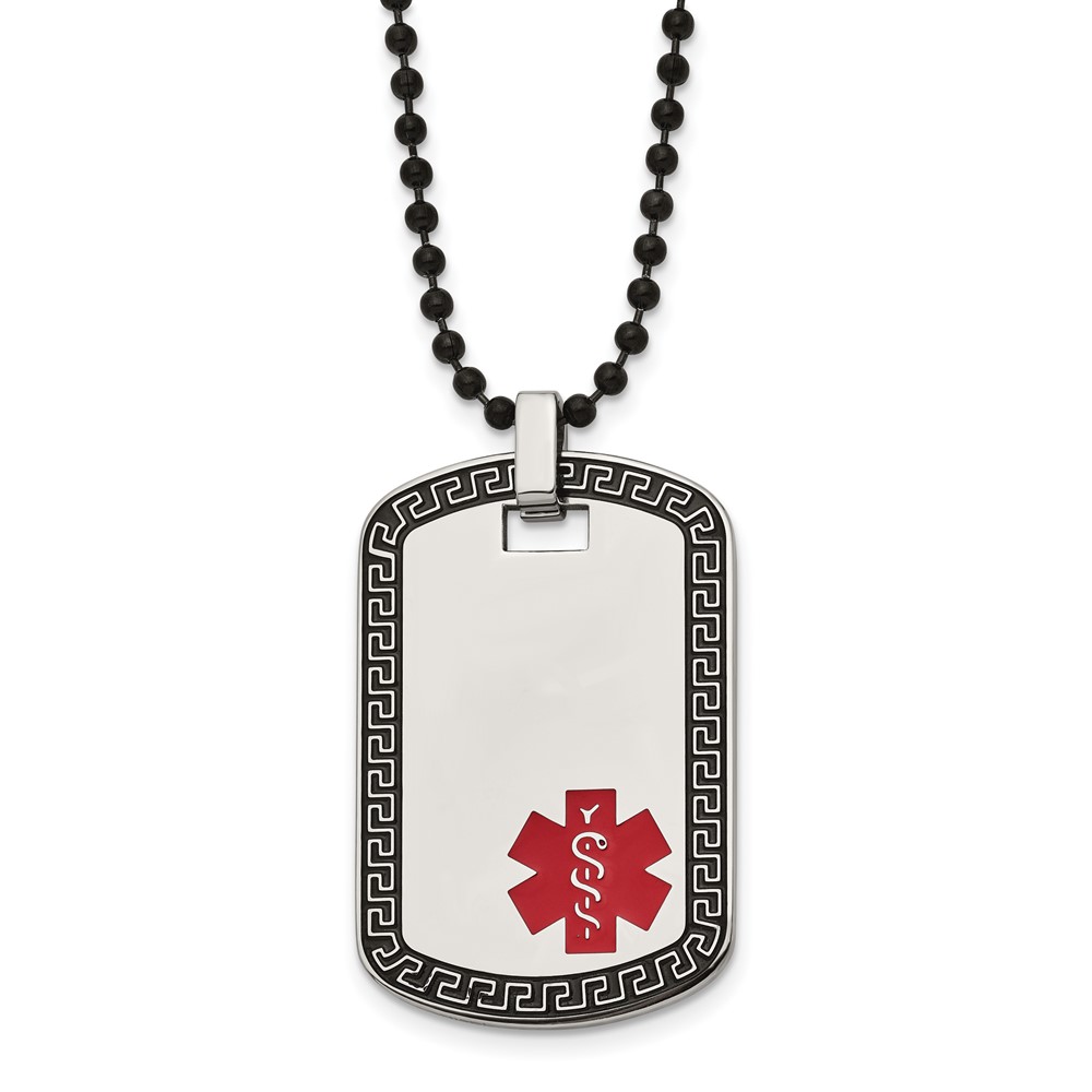 Stainless Steel Greek Key Medical Dog Tag Necklace - 30 Inch