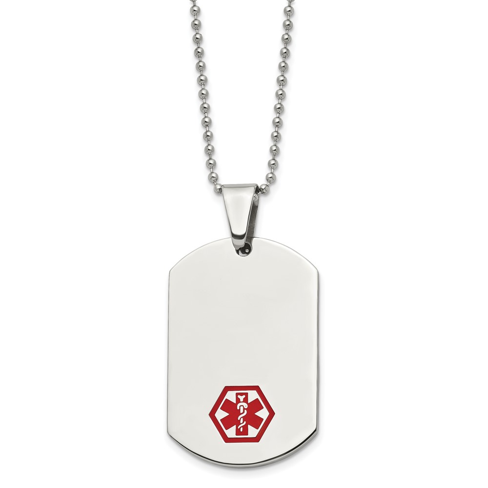 Stainless Steel Large Dog Tag Medical Alert Necklace - 24 Inch