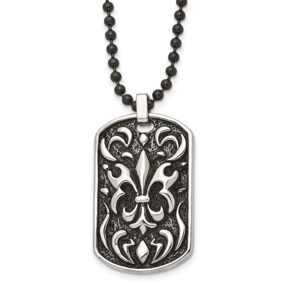 Stainless Steel Antiqued Fleur de lis Dog Tag Necklace - 24 Inch