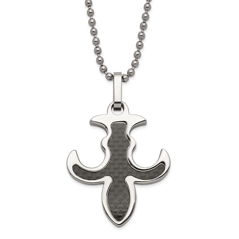 Stainless Steel and Black Carbon Fiber Fleur de lis Necklace - 22 Inch