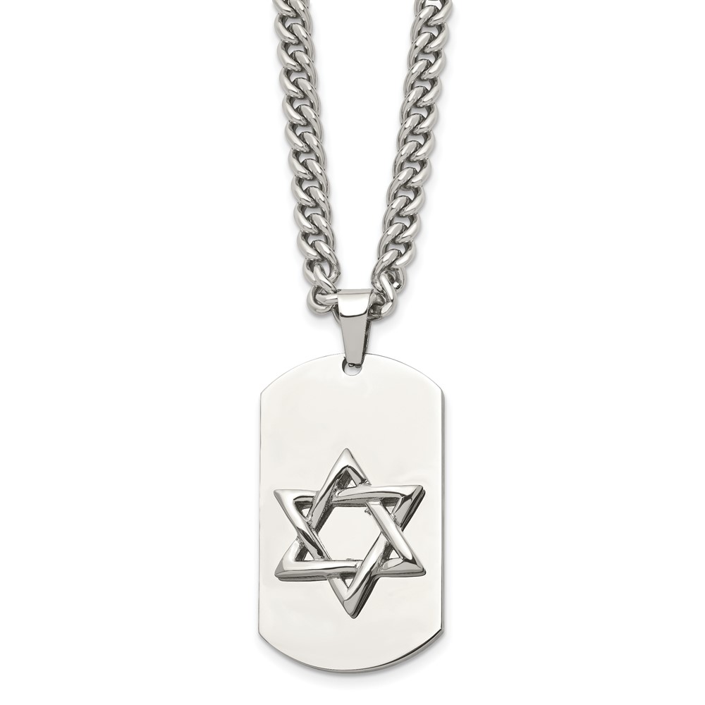 Stainless Steel Star of David Dog Tag Necklace - 24 Inch