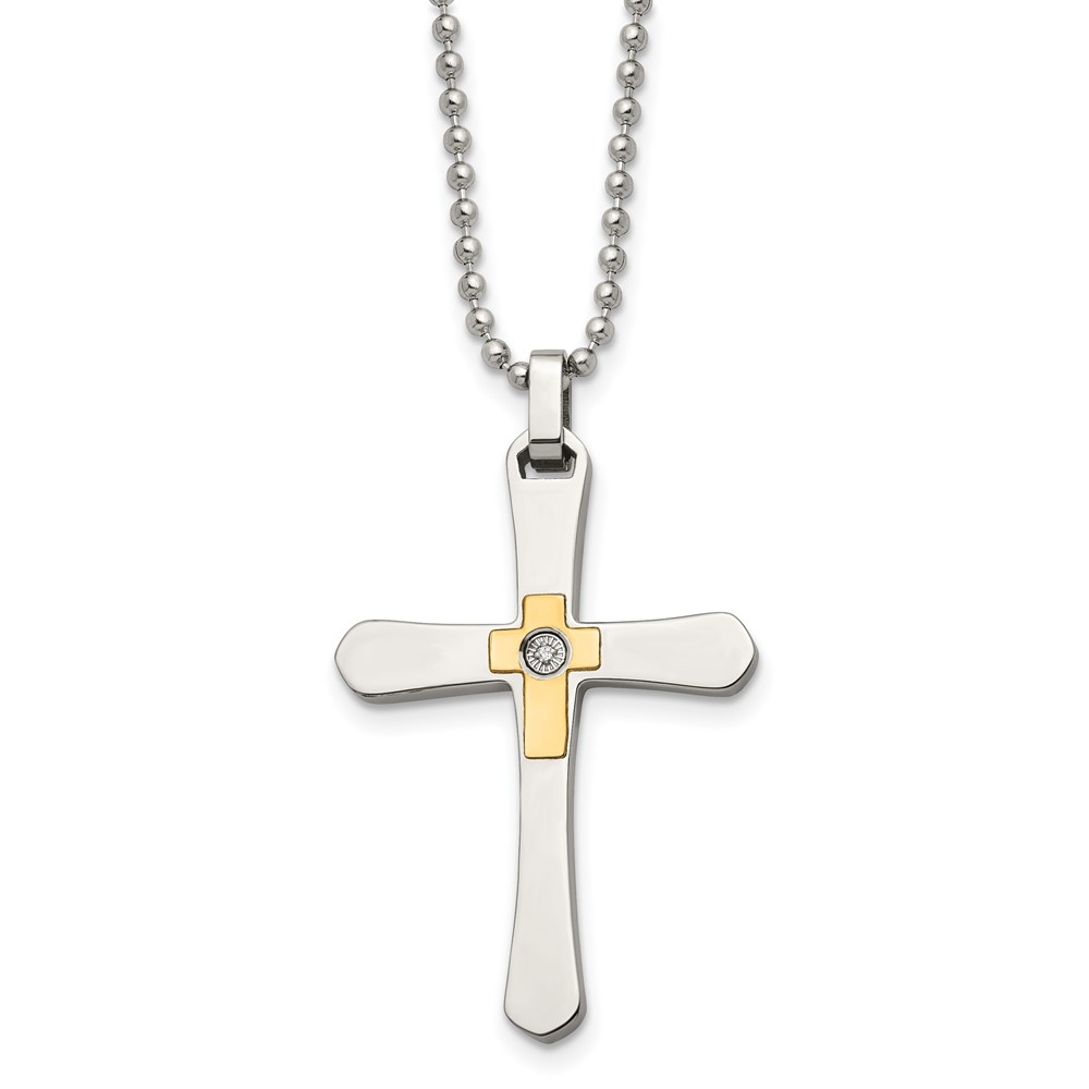 Stainless Steel, 14k Gold Plated and Diamond Accent Cross Necklace