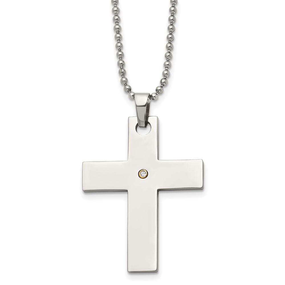 Stainless Steel and Single Diamond Accent Cross Necklace