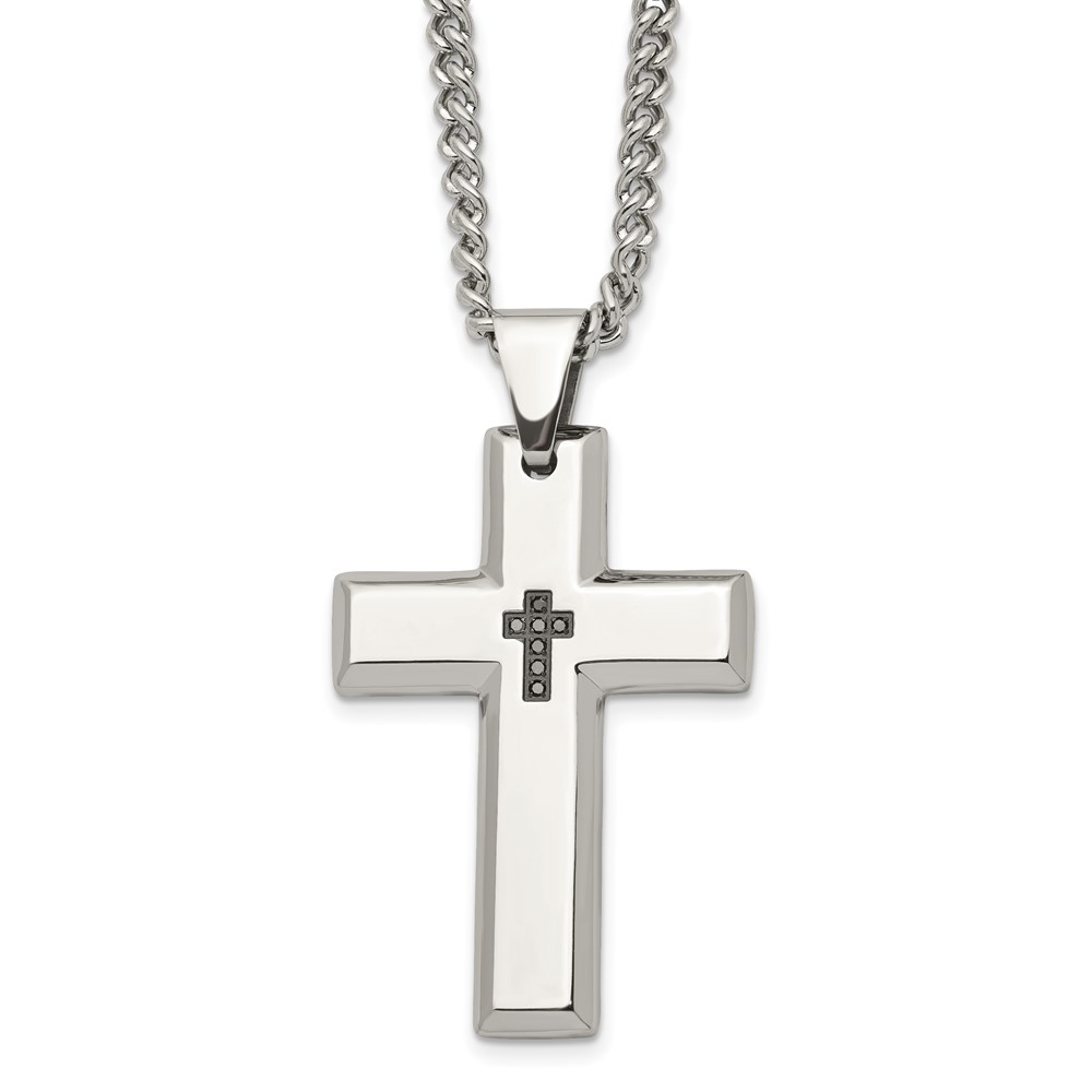 Men's Stainless Steel and Black Diamond Cross Necklace