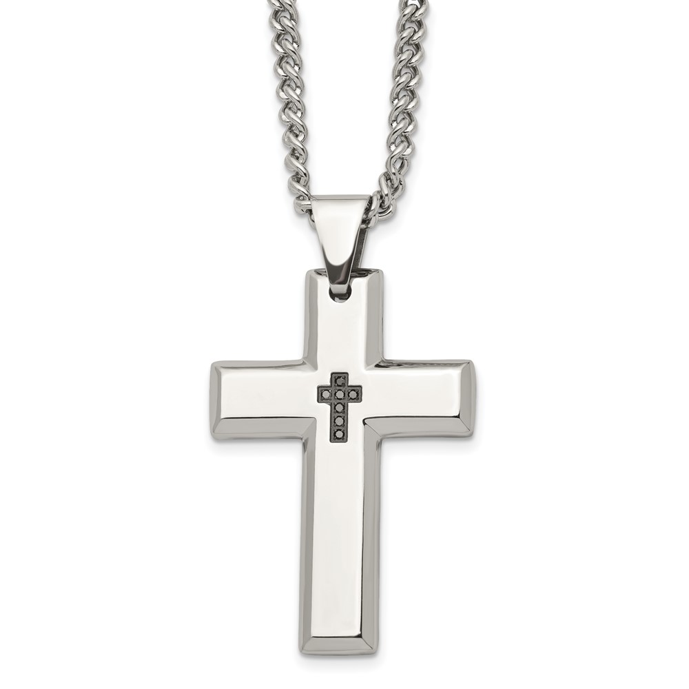 Men&#039;s Stainless Steel and Black Diamond Cross Necklace - 22 Inch